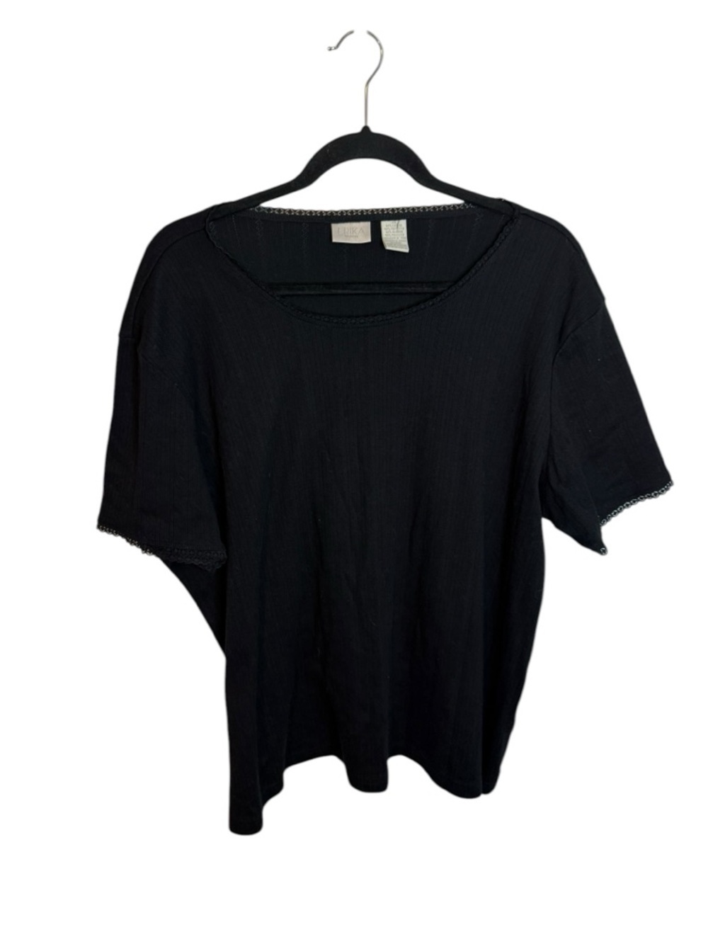 Erika Woman Black Pointelle Knit Lace Trim Tee